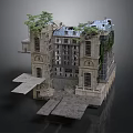 Detailed Ruined Building Structure With Green Plants Balconies And Stone Slabs