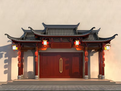 Traditional Chinese Gateway With Wooden Door Red Pillars And Hanging Lanterns 3d model