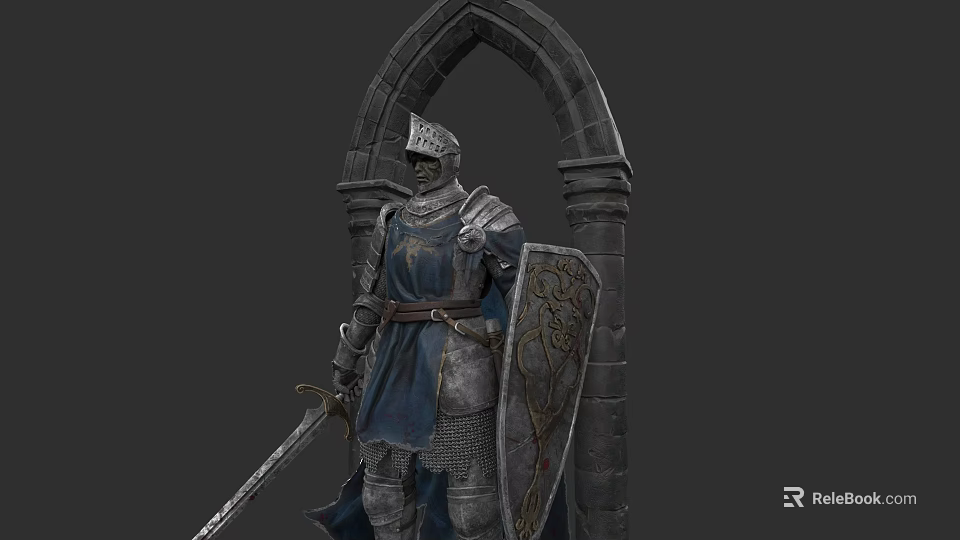 Medieval Armored Game Movie Character Holding Sword And Shield Standing By Stone Archway 3d model 