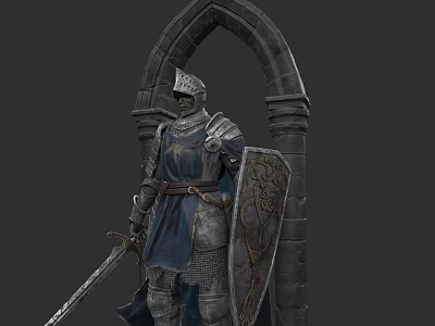 Medieval Armored Game Movie Character Holding Sword And Shield Standing By Stone Archway 3d model