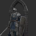 Medieval Armored Game Movie Character Holding Sword And Shield Standing By Stone Archway