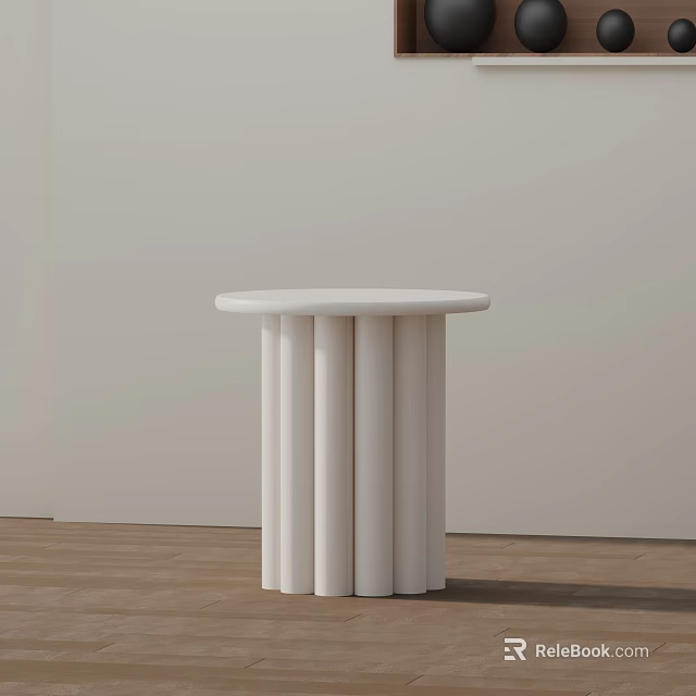White Modern Side Table with Cylindrical Column Base in Light Wall Wooden Floor Setting 3d model