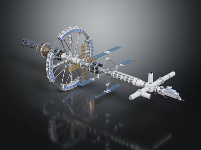 Futuristic Space Station Model Featuring Rotating Wheel Structure Solar Panels And Detailed Connecting Modules 3d model
