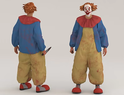 Man In Clown Costume With Blue Shirt Yellow Pants And Blood Stains Holding Knife 3d model Man In Clown Costume With Blue Shirt Yellow Pants And Blood Stains Holding Knife 3d model