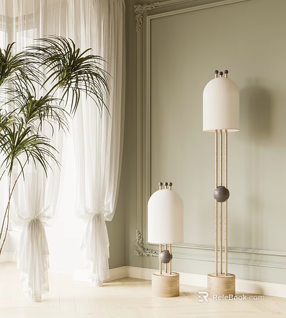 Modern Floor Lamps With White Shades In Room With Potted Plants And Light Green Wall 3d model 