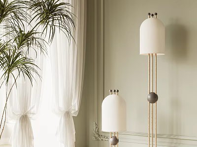 Modern Floor Lamps With White Shades In Room With Potted Plants And Light Green Wall 3d model