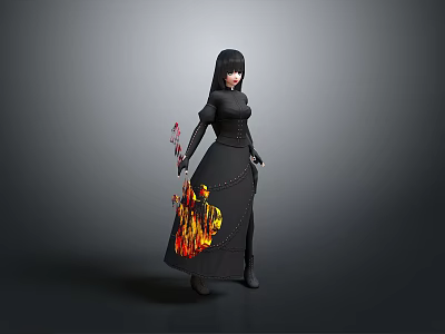 Young Child In Black Long Dress With Flame Pattern Holding Red Decorated Item 3d model
