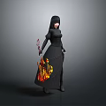 Young Child In Black Long Dress With Flame Pattern Holding Red Decorated Item