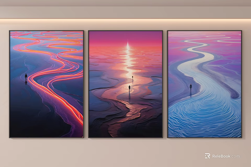 Three Abstract Paintings With Colorful Wave Patterns Sunset Reflections And Silhouette Figure 3d model 