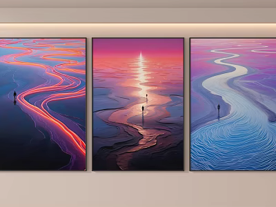 Three Abstract Paintings With Colorful Wave Patterns Sunset Reflections And Silhouette Figure 3d model