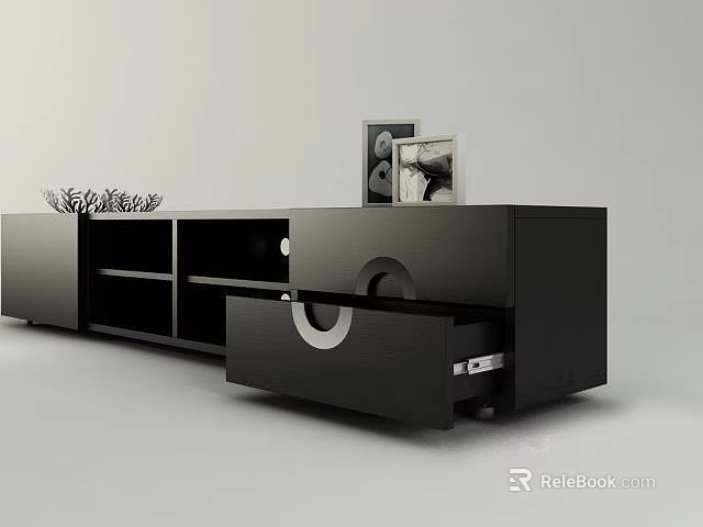 Modern Black TV Stand With Open Compartments Drawers And Decorative Frames 3d model 