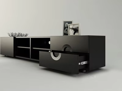 Modern Black TV Stand With Open Compartments Drawers And Decorative Frames 3d model