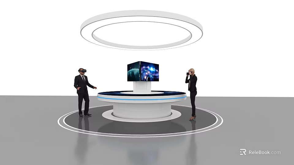 Modern Round Reception Desk With Circular Lighting And Central Digital Display Staff Interact Using VR 3d model 