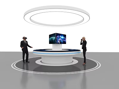 Modern Round Reception Desk With Circular Lighting And Central Digital Display Staff Interact Using VR 3d model