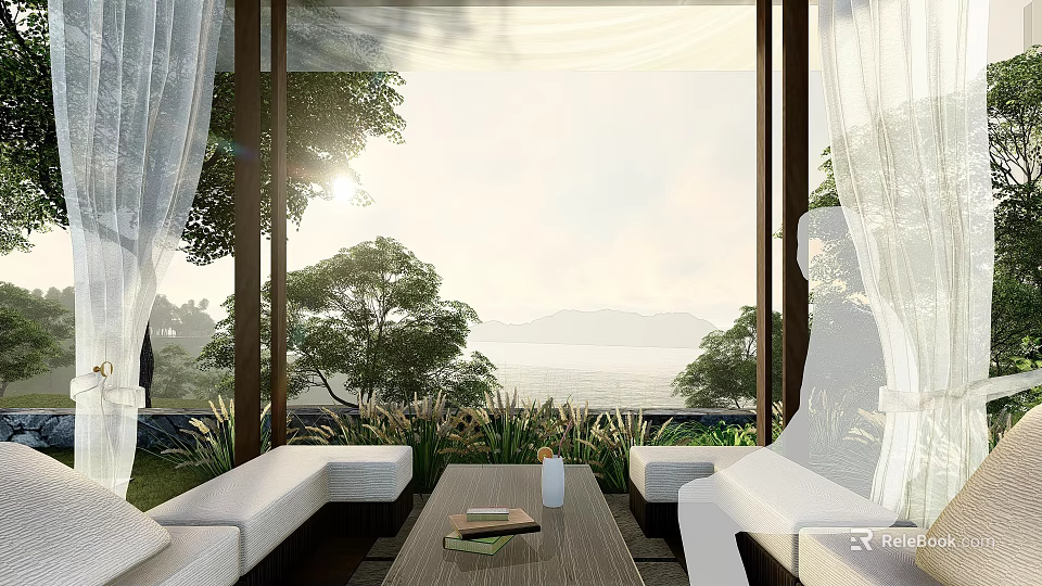 Natural Rockery Stones in Bright Indoor Space with Lake View and White Sofas 3d model 