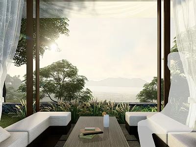 Natural Rockery Stones in Bright Indoor Space with Lake View and White Sofas 3d model