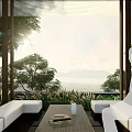 Natural Rockery Stones in Bright Indoor Space with Lake View and White Sofas