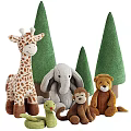 Cute Stuffed Animal Dolls with Giraffe Elephant Monkey Bear and Green Trees