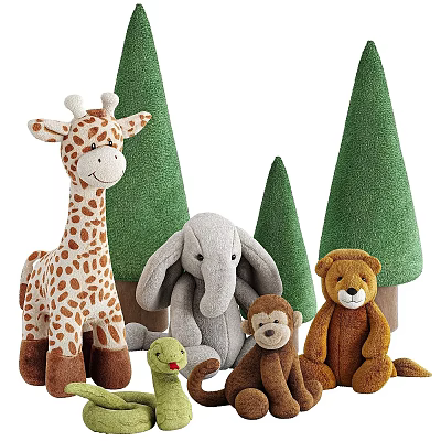 Cute Stuffed Animal Dolls with Giraffe Elephant Monkey Bear and Green Trees 3d model