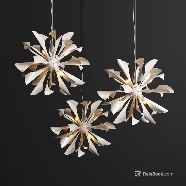 Three Modern Petal Shaped White and Gold Chandeliers Illuminating Interior Space 3d model 