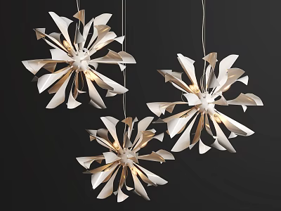 Three Modern Petal Shaped White and Gold Chandeliers Illuminating Interior Space 3d model