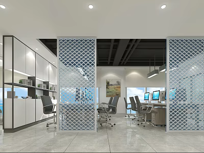 Modern Public Office Space With Open Layout Geometric Partition Work Desks Office Chairs And Computers 3d model