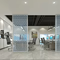 Modern Public Office Space With Open Layout Geometric Partition Work Desks Office Chairs And Computers