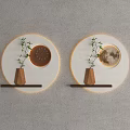 Modern Circular Wall Decorations With Small Potted Plants Clock And Moon On Gray Wall 3d model