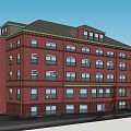 Red Brick Multi Story Office Building Exterior With Dark Roof Windows And Entry Steps
