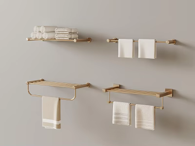 Elegant Golden Wall Mounted Bathroom Racks with Folded Towels and Toilet Paper Rolls 3d model