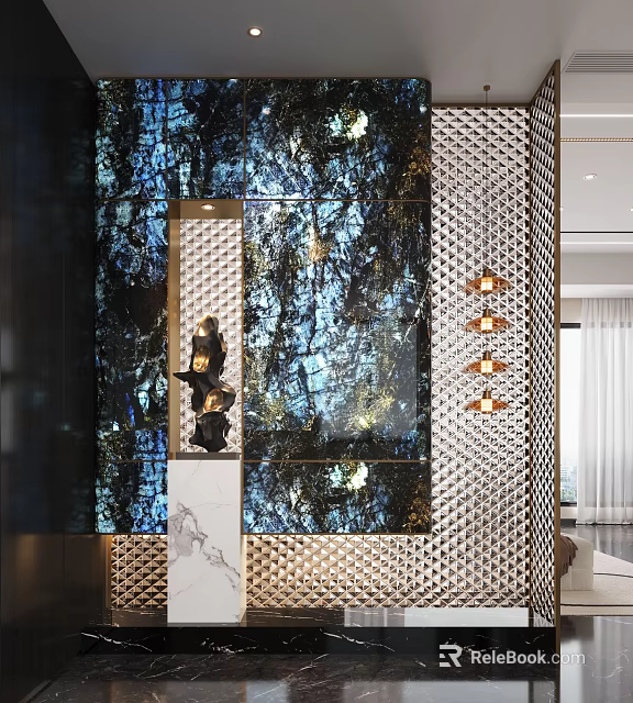 Elegant Modern Foyer Hallway Interior Design With Blue Marble Wall Metal Lattice And Pendant Lights 3d model 