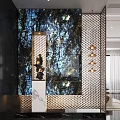 Elegant Modern Foyer Hallway Interior Design With Blue Marble Wall Metal Lattice And Pendant Lights