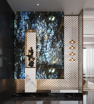 Elegant Modern Foyer Hallway Interior Design With Blue Marble Wall Metal Lattice And Pendant Lights 3d model