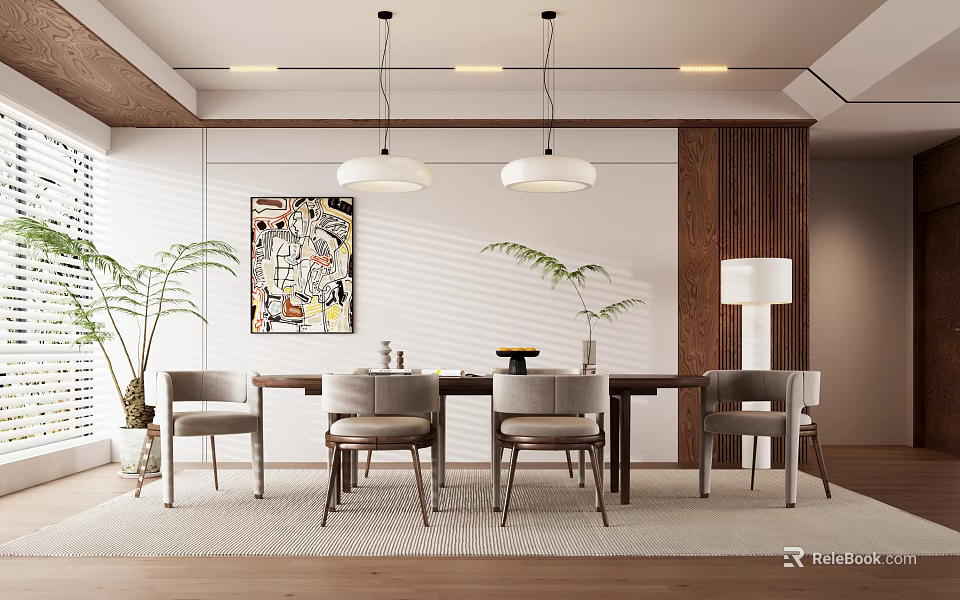 Modern Dining Room Design With Wooden Table Pendant Lights Wall Art And Plants 3d model 