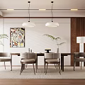 Modern Dining Room Design With Wooden Table Pendant Lights Wall Art And Plants