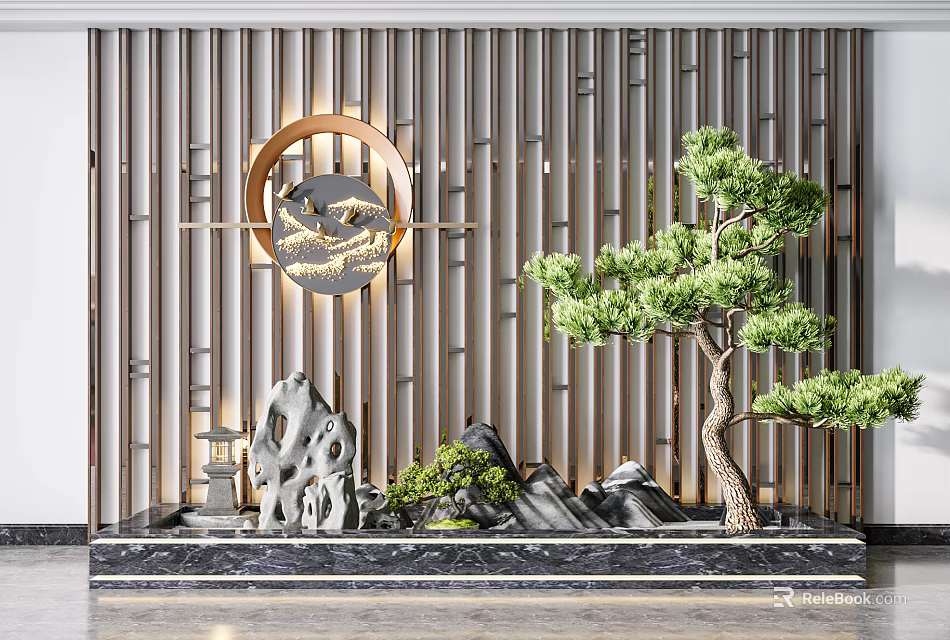 Traditional Garden Ornament With Pine Tree Rockery Bamboo Screen And Circular Decoration 3d model 