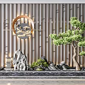 Traditional Garden Ornament With Pine Tree Rockery Bamboo Screen And Circular Decoration