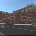 Scenic Modern Commercial Street With Red Brick Buildings Trees And Moving Cars
