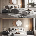 Modern Bedroom Interior With Background Double Bed Nightstand Ottoman Rug And Decorative Wall Art