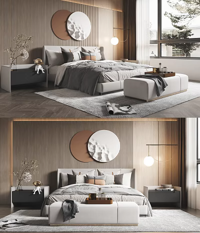 Modern Bedroom Interior With Background Double Bed Nightstand Ottoman Rug And Decorative Wall Art 3d model