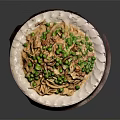 Stir Fried Noodles with Fresh Peas and Mushrooms Served in Ceramic Bowl
