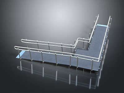L Shaped Scene Component Platform With Silver Metal Railings Gray Surface And Reflective Base 3d model
