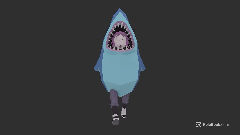 Game Character In Blue Shark Costume With Open Mouth Purple Hair And White Shoes 3d model 