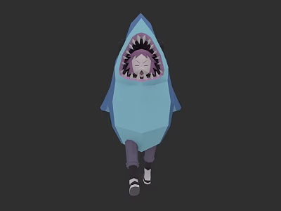 Game Character In Blue Shark Costume With Open Mouth Purple Hair And White Shoes 3d model