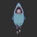 Game Character In Blue Shark Costume With Open Mouth Purple Hair And White Shoes