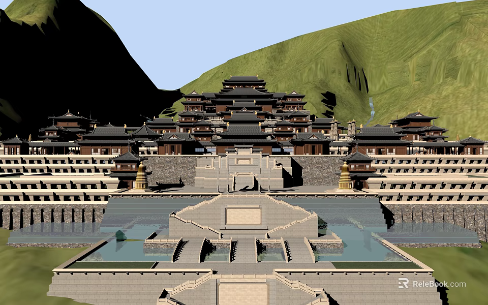 Traditional Ancient Architecture Complex with Mountain Surroundings and Terraced Water Pools in Classical Design 3d model 