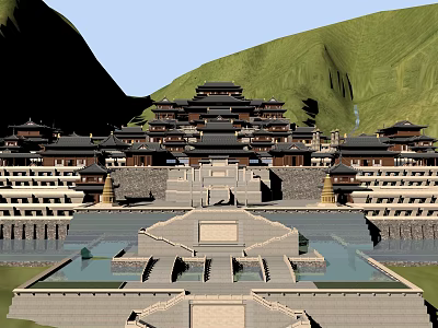 Traditional Ancient Architecture Complex with Mountain Surroundings and Terraced Water Pools in Classical Design 3d model