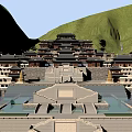 Traditional Ancient Architecture Complex with Mountain Surroundings and Terraced Water Pools in Classical Design
