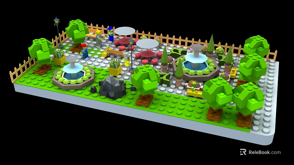 Cartoon Garden Scene With Lego Style Fountains Trees Tables Chairs And Minifigures 3d model 