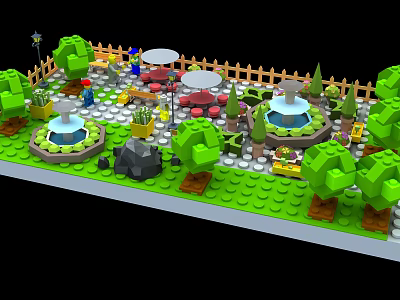 Cartoon Garden Scene With Lego Style Fountains Trees Tables Chairs And Minifigures 3d model